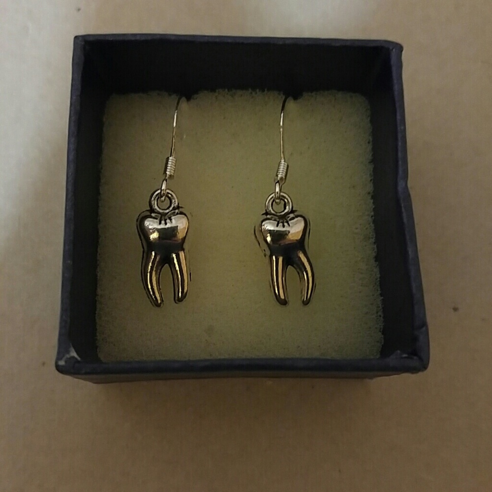 Tooth Molar earrings .925plated. surg steel posts. Lightweight